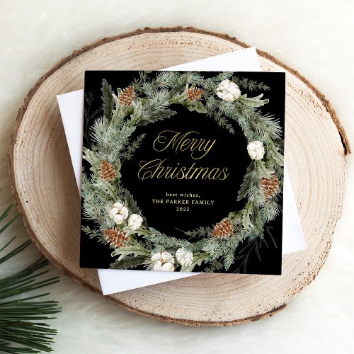 Elegant Pine Wreath Black  Gold Merry Christmas Holiday Card