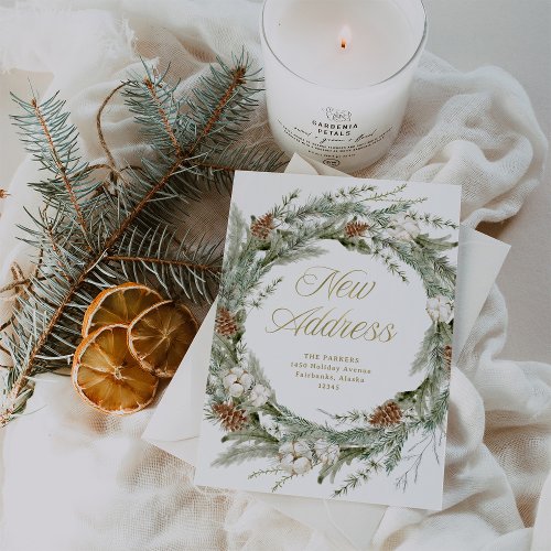Elegant Pine Wreath  Christmas Gold New Address Holiday Card