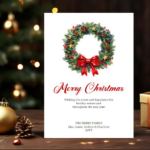 Elegant Pine Wreath Christmas Greeting Printable Holiday Card