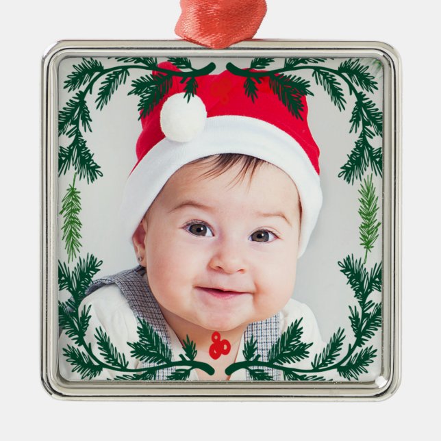 Elegant Pine Wreath Framed Photo Ornament Keepsake (Front)