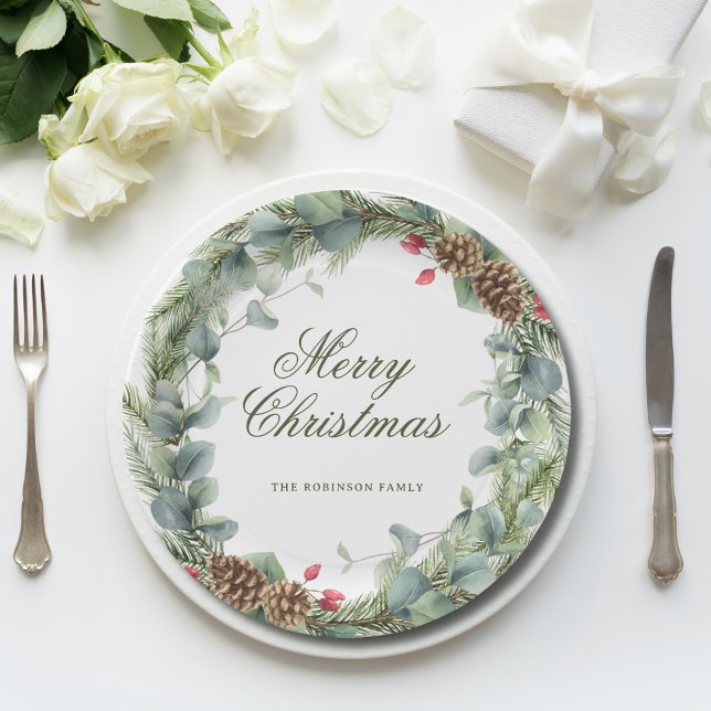 Elegant Pine Wreath Greenery Merry Christmas Paper Plates (Creator Uploaded)