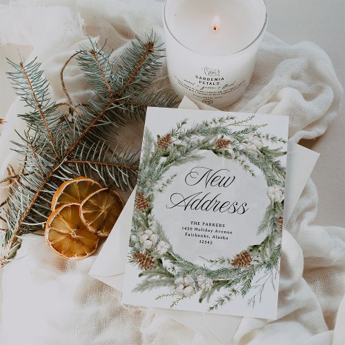 Elegant Pine Wreath  New Address at Christmas Holiday Card