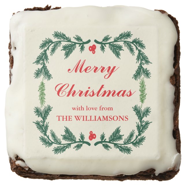 Elegant Pine Wreath Personalized Holiday Brownies (Front)