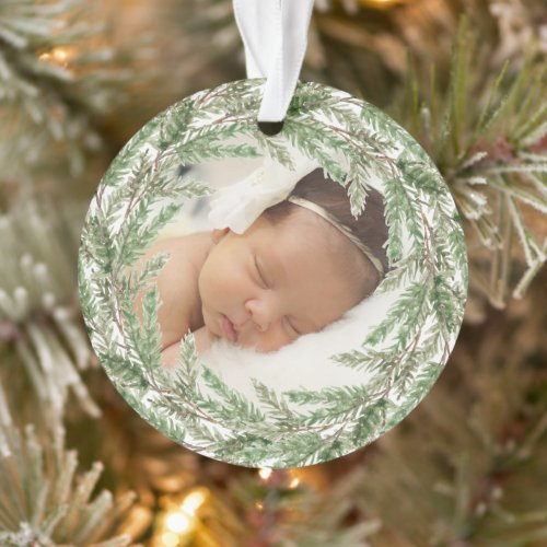 Elegant Pine Wreath Photo Babys First Christmas Ornament
