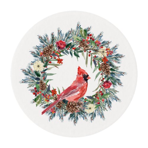 Elegant Pine Wreath Red Cardinal Christmas Party Edible Frosting Rounds