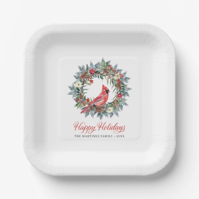Elegant Pine Wreath Red Cardinal Christmas Party P Paper Plates (Front)