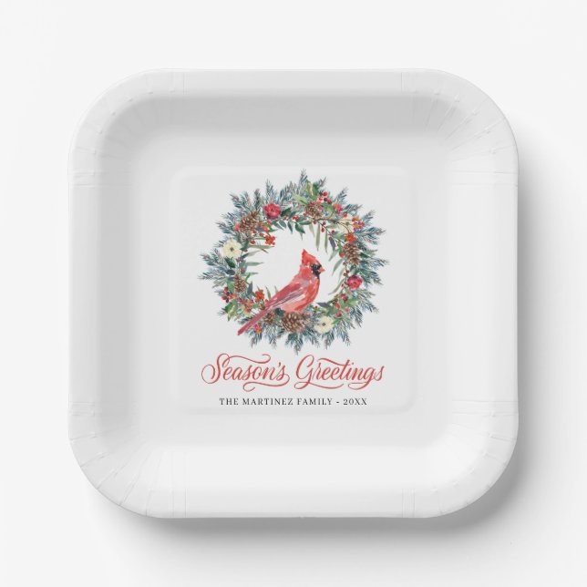 Elegant Pine Wreath Red Cardinal Christmas Party Paper Plates (Front)