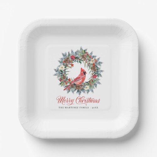 Elegant Pine Wreath Red Cardinal Christmas Party Paper Plates