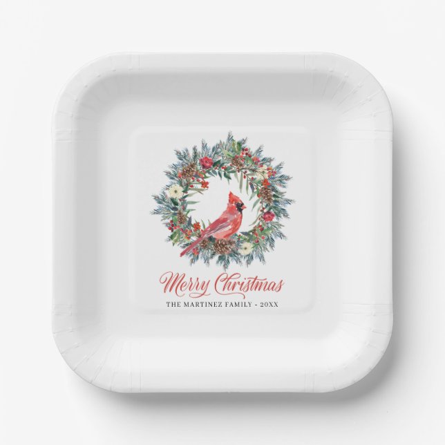 Elegant Pine Wreath Red Cardinal Christmas Party Paper Plates (Front)