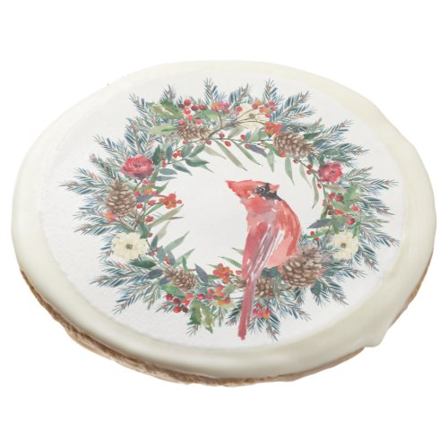 Elegant Pine Wreath Red Cardinal Christmas Party Sugar Cookie
