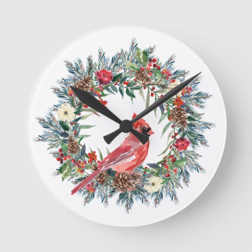 Elegant Pine Wreath Red Cardinal Christmas  Round Clock