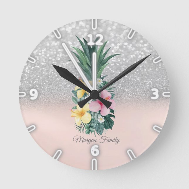 Elegant Pineapple Flowers Silver Glitter Bokeh Round Clock (Front)