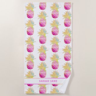 Elegant Pineapple in Pinks and Gold Personalized Beach Towel