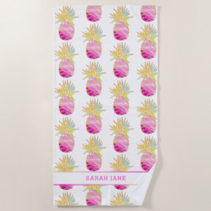 Elegant Pineapple in Pinks and Gold Personalized Beach Towel