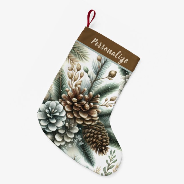 Elegant Pinecones Silver and Bronze Personalized Small Christmas Stocking (Front (Hanging))