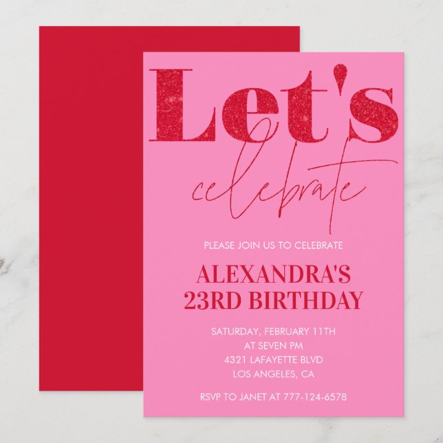Elegant Pink 23rd birthday invitation Glitter Glam (Front/Back)