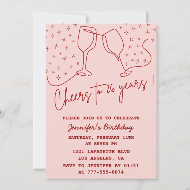 Elegant Pink 26th birthday invitations Cheers  (Front)