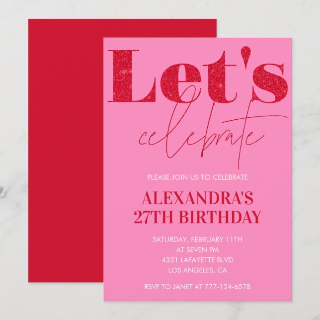 Elegant Pink 27th birthday invitation Glitter Glam (Front/Back)