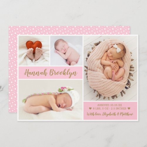 Elegant Pink 4 Photo Collage Birth Announcement