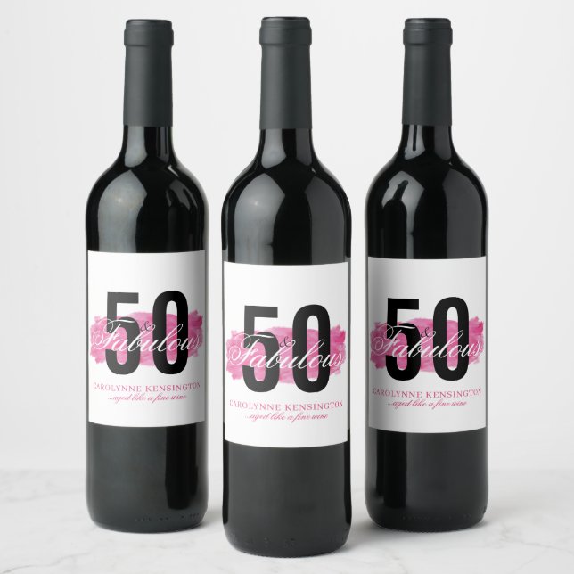 Elegant Pink 50 and Fabulous Watercolor Birthday Wine Label (Bottles)