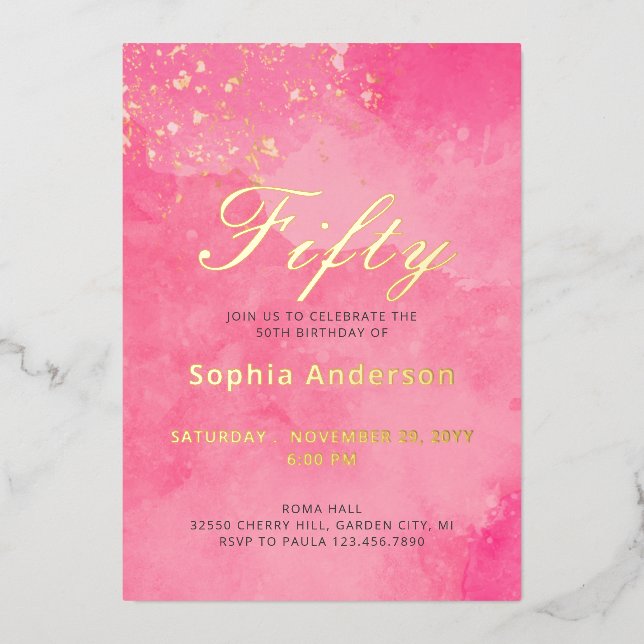 Elegant Pink 50th birthday Foil Invitation (Front)