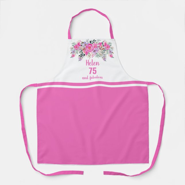 Elegant pink 75th birthday floral apron (Front)