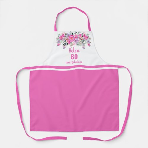 Elegant pink 80th birthday floral apron