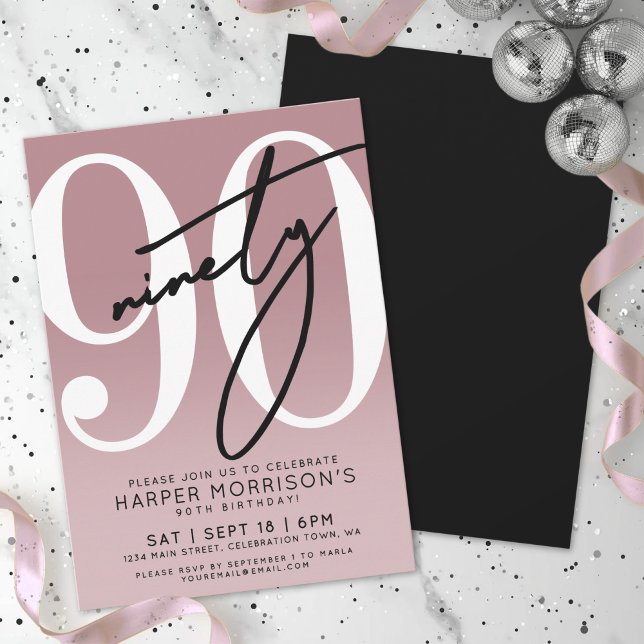 Elegant Pink 90th Birthday Party Invitation (Elegant Pink 90th Birthday Party Invitation)