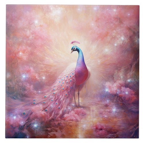 Elegant Pink Abstract Peacock Ceramic Tile