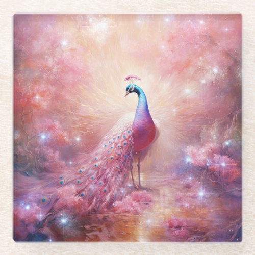 Elegant Pink Abstract Peacock Glass Coaster