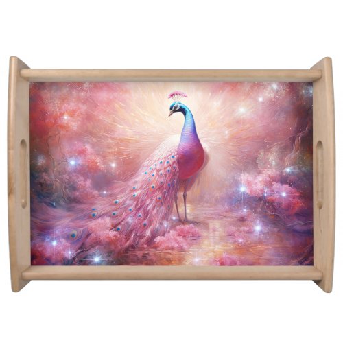 Elegant Pink Abstract Peacock Serving Tray