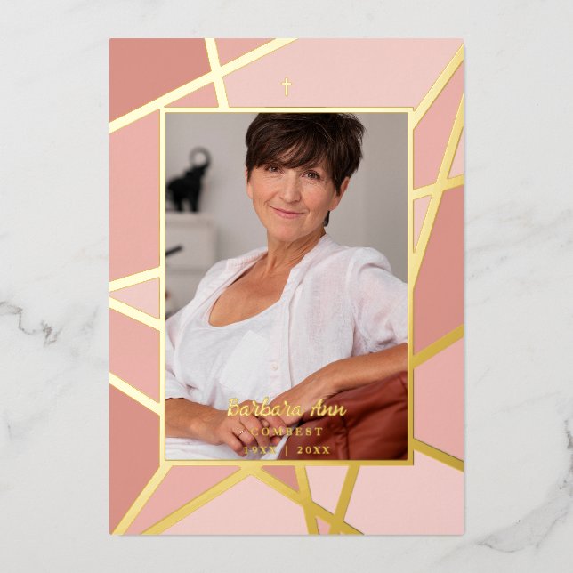 Elegant Pink Abstract Photo Memorial Funeral Foil Invitation (Front)