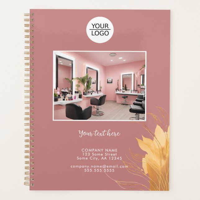 Elegant Pink Add Logo Custom Text Photo Business Planner (Front)