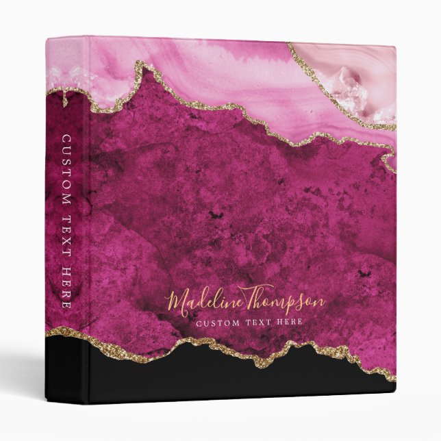 Elegant Pink Agate Geode Gold Script Typography 3 Ring Binder (Front/Spine)