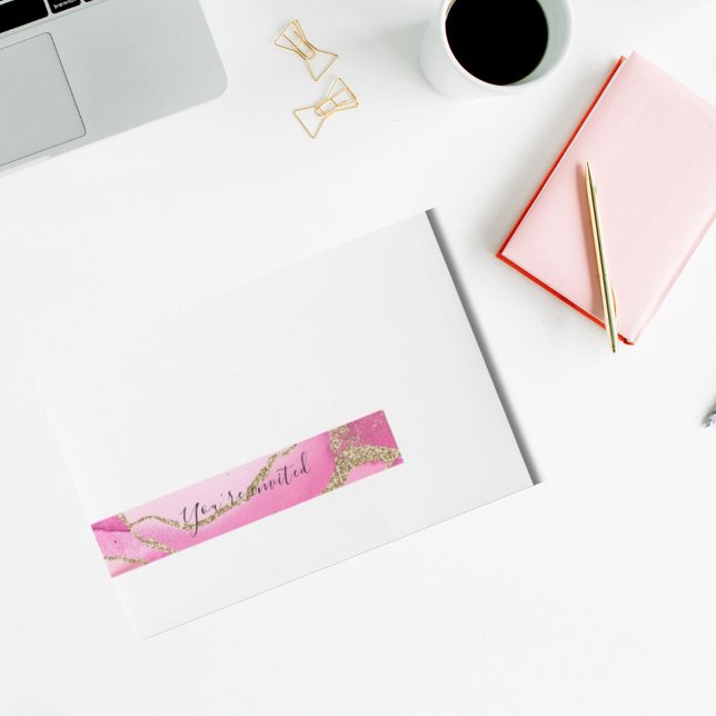 Elegant Pink Agate Stone Gold Glitter Wedding Wrap Around Address Label (Creator Uploaded)