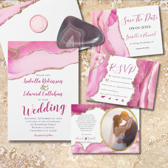Elegant Pink Agate Stone Gold Inlay Wedding Invitation (Creator Uploaded)