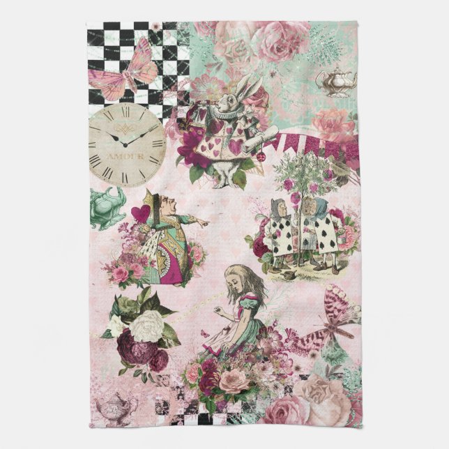 Elegant pink Alice in Wonderland Kitchen Towel (Vertical)