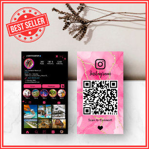 Elegant Pink and Black Agate Marble Instagram QR Business Card