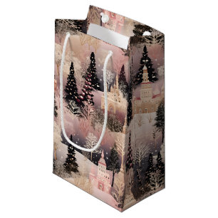 Elegant Pink and Black Christmas Village Small Gift Bag