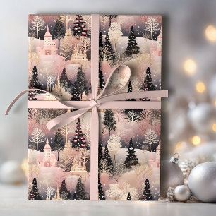 Elegant Pink and Black Christmas Village Wrapping Paper