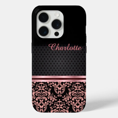 Elegant Pink And Black Damask Pattern iPhone 15 Pro Case