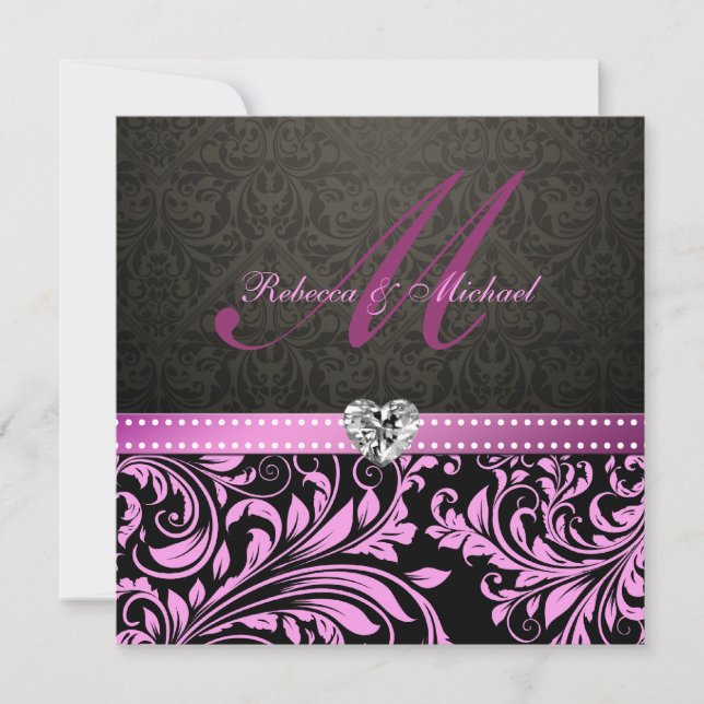 Elegant Pink and Black Damask Wedding Invites (Front)