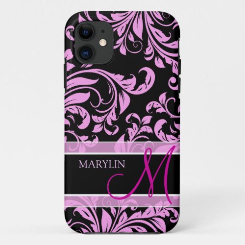 Elegant pink and black damask with monogram iPhone 11 case