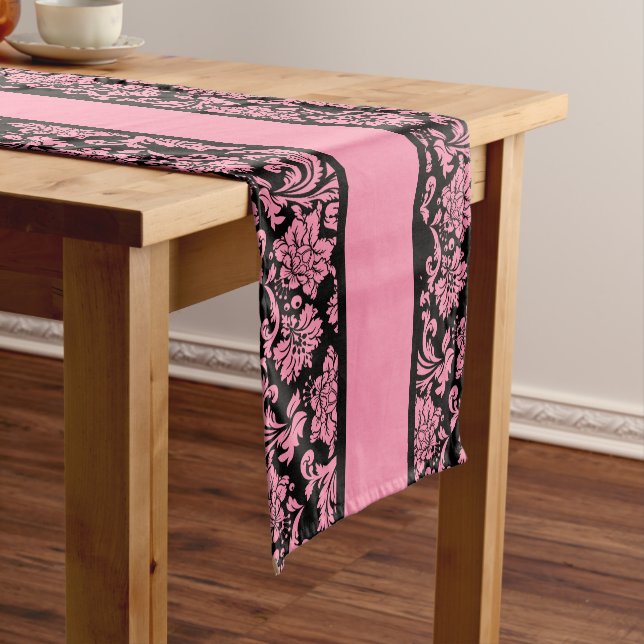 Elegant Pink And Black Damasks & Stripes Short Table Runner (In Situ)