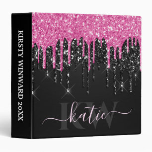 Elegant Pink and Black Dripping Glitter Monogram 3 Ring Binder