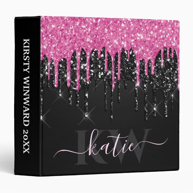 Elegant Pink and Black Dripping Glitter Monogram 3 Ring Binder (Front/Spine)