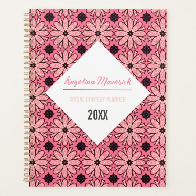 Elegant Pink and Black Flowers Pattern Planner (Front)