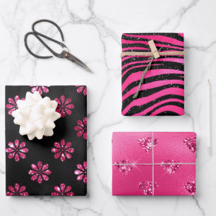 Elegant Pink and Black Glitter Glamorous Patterns Wrapping Paper Sheets