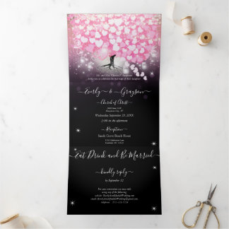 Elegant Pink and Black Heart Leaf Wedding Tri-Fold Invitation