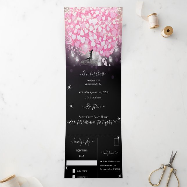 Elegant  Pink and Black Heart Leaf Wedding Tri-Fold Invitation (Inside)
